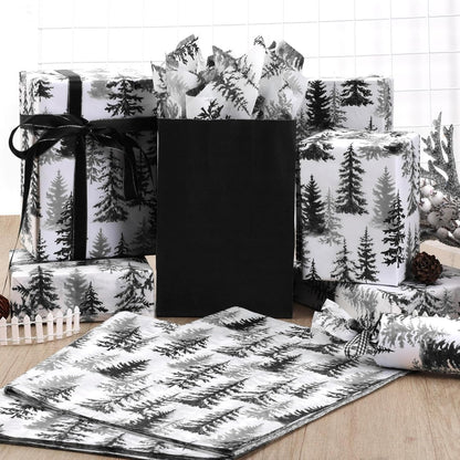 100 Sheets Christmas Tree Tissue Paper, 20x14in Forest Style Wrapping Tissue Watercolor Xmas Tree Art Tissue for Xmas Party Gift Bag Fillers Winter Party Decor (Black)
