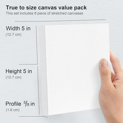 PHOENIX Small Stretched Canvas for Painting 5x5 Inch/8 Value Pack, 8 Oz Triple Primed 5/8 Inch Profile 100% Cotton White Blank Canvas, Square Framed Canvas for Oil Acrylic & Pouring Art