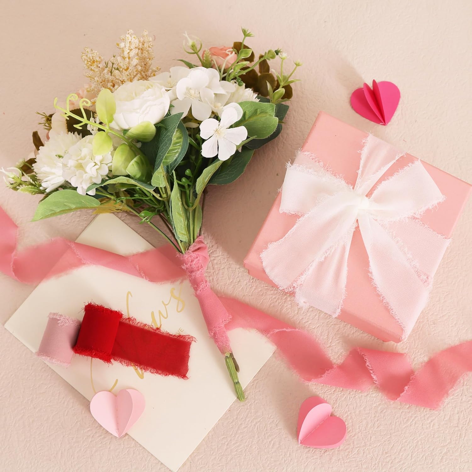 TONIFUL 4 Rolls Silk Chiffon Ribbon 1-1/2 Inch x 22 Yards,Red Pink and White Handmade Fringe Silk Ribbon Set for Gift Wrapping Bridal Bouquets Crafts Wedding Christmas Valentines Decoration - Crafty Corner