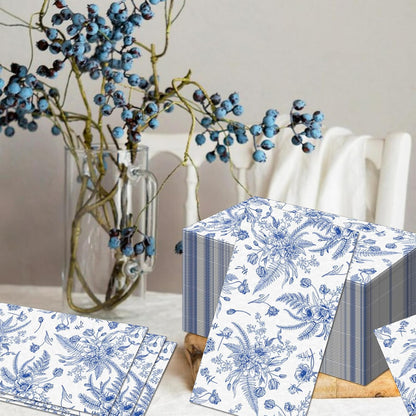 60 Pack 3 Styles Blue Floral Napkins for Decoupage Toile Napkins Flower Cocktail Decorative Paper for Birthday Party Beautiful Gorgeous, 12.9 * 15.7 inch