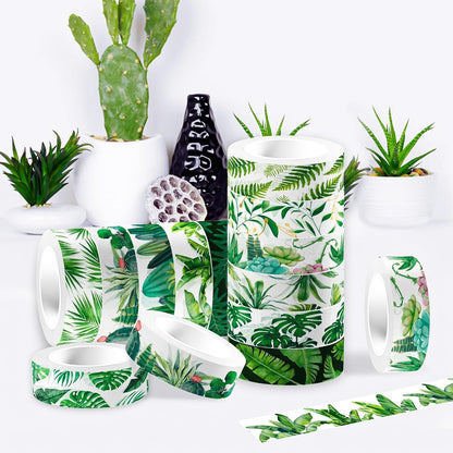 12 Rolls Greenery Washi Tape Set, Summer Tropical Leaves Masking Tape, Green Plants Cactus Succulents Decorative Tape Sticker for Scrapbook Journal DIY Craft Gift Wrapping 16.4FT
