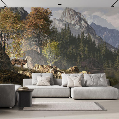 wall26 Wall Sticker/Wall Mural Wolf Near a Lake in a Rocky Mountain Landscape, Not Peel and Stick, Non-Woven Wallpaper Decorative for Bedroom, Living Room, Office - 120x168 inches