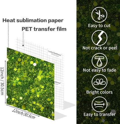 Glitter Sublimation Transfer Sheets for Heat Press Machine,Green P Gold Sublimation Paper for Tumblers Blanks Tshirts,12 Sheets 12x12inch