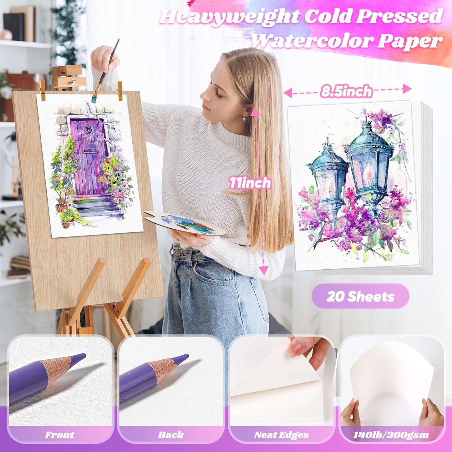 8.5"x11" Watercolor Paper, Stocking Stuffers, 140lb/300gsm Water Color Paper Bulk for Drawing, Coloring, Painting, Sketching, Crafting, Art Office School Supplies for Kids Adults, Valentine Gift Card