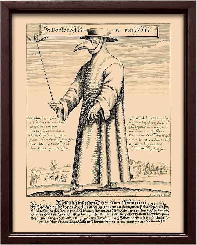 Poster Master Doctor Schnabel from Rome Canvas - Retro Plague Doctor Print - Medieval Art - Gift for Men & Women - Great Wall Decor for Dorm, Living Room or Bedroom - 8x10 Brown Framed Canvas