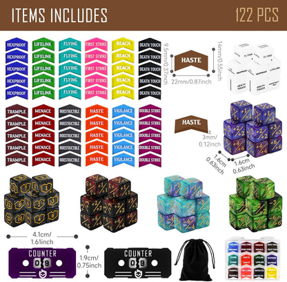 122PCS MTG Keyword Tokens & Dice & Life Counter Set for Magic Card, Health Tracker Life Counter Bulk Ability MTG Dice Set, Compatible with TCG Card Gaming Accessories CCG Creature Stats