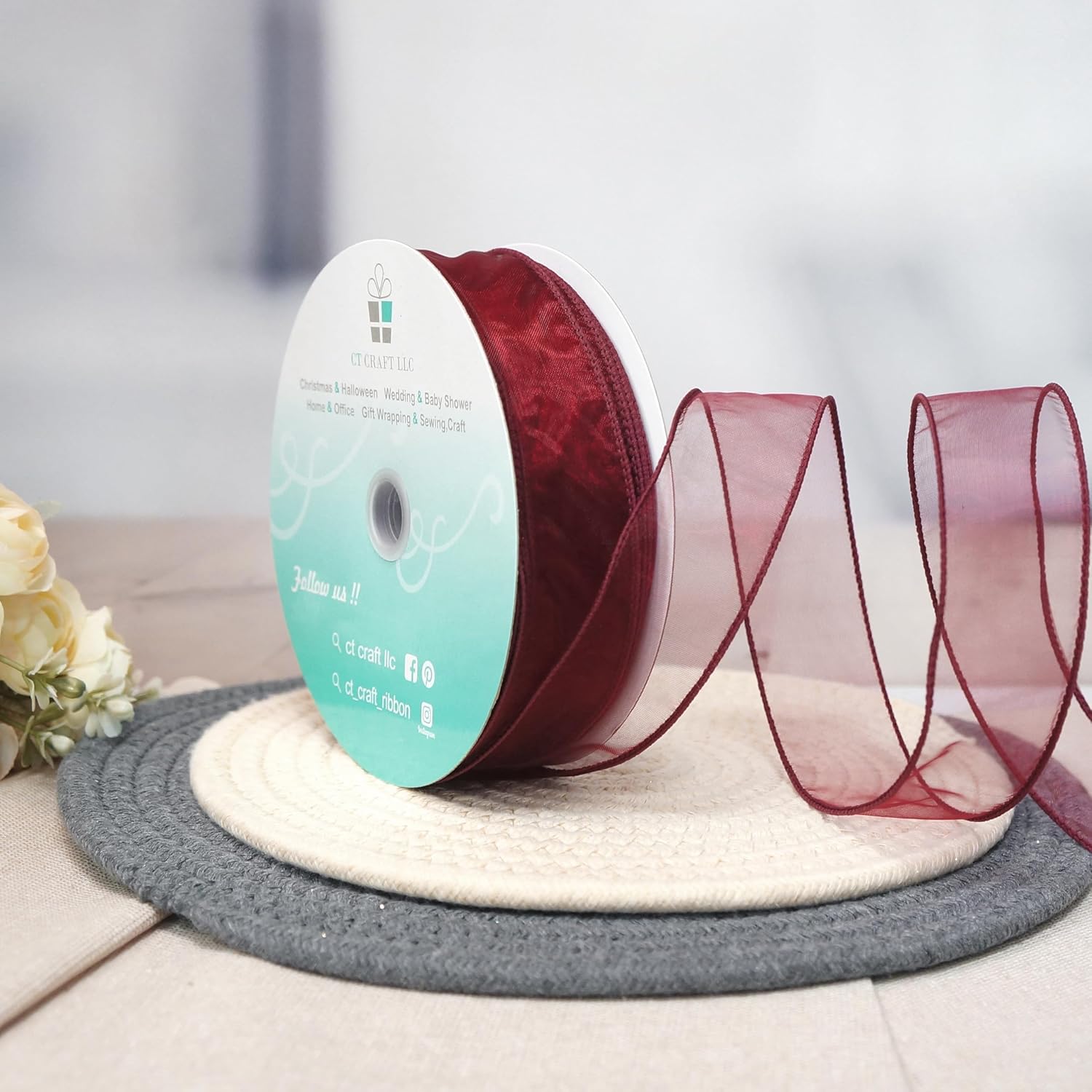 CT CRAFT LLC Sheer Organza Wired Ribbon 1.5" x 50Yards Burgundy for Wedding Chair Bow Flora Bouquet Gift Wrapping Christmas Tree Home Decor Wreath - Crafty Corner