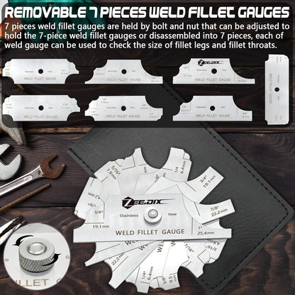 ZeeDix Metal Fillet Weld Gauge Set, Stainless Steel Welding Inspection Gauge Tool(1/8" - 1") Ulnar Metric & Inch