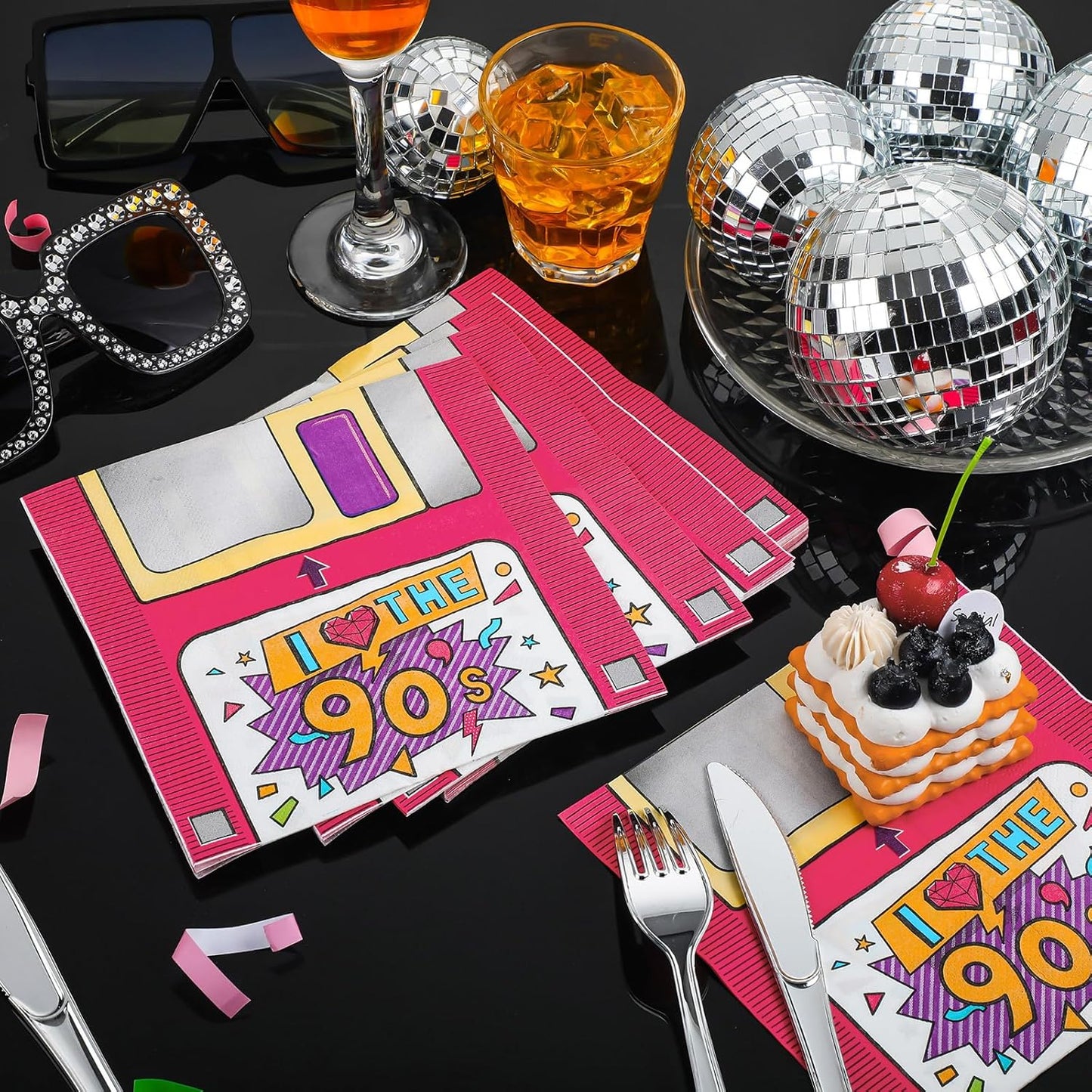 60 Pcs 90s Cocktail Paper Napkins 6.5 x 6.5 Inches Disposable Paper Napkins Dessert Beverage Napkin for Decoupage Luncheon Napkin for Party Wedding Birthday Party