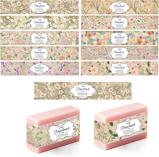 100 Eucalyptus Leaves Soap Wrapper 8 Style Vintage Flower Wrap Tape Kraft Paper Vertical Tag Sleeves Covers for Christmas Homemade Soaps Packaging Supplies(Vintage Flowers 2)
