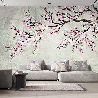 wall26 Wall Sticker/Wall Mural Watercolor Style Ink Painting Pink Cherry Blossom on Vintage, Not Peel and Stick, Non-Woven Wallpaper Decorative for Bedroom, Living Room, Office - 108x120 inches