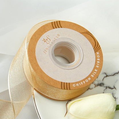 1 Inch Wide Sheer Chiffon Ribbon - Pearl Silk Woven Ribbon Suitable for Gift Wrapping, Wedding Decor, Home Decor, Girl Hair Accessories Handmade DIY (25 Yards/roll) (Champagne) - Crafty Corner