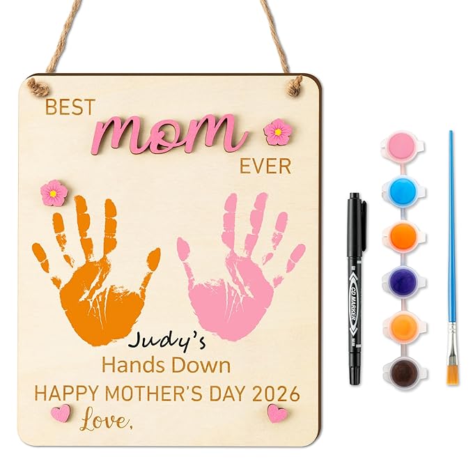 R HORSE 3D Mother's Day Handprint Art Craft - Best Mom Ever Handprint Wooden Hanging Sign DIY Baby's First Mothers Day Birthday Handprint Making Sign for Mom Gift, Children Toddler Baby Keepsake