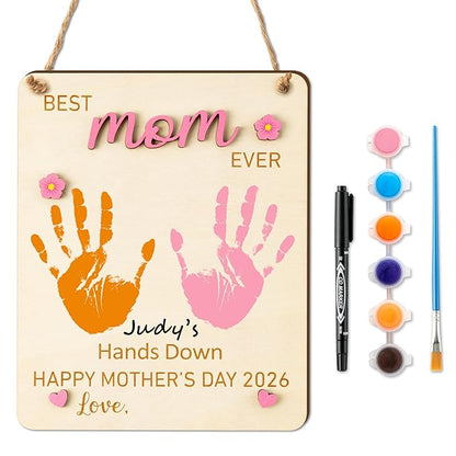 R HORSE 3D Mother's Day Handprint Art Craft - Best Mom Ever Handprint Wooden Hanging Sign DIY Baby's First Mothers Day Birthday Handprint Making Sign for Mom Gift, Children Toddler Baby Keepsake