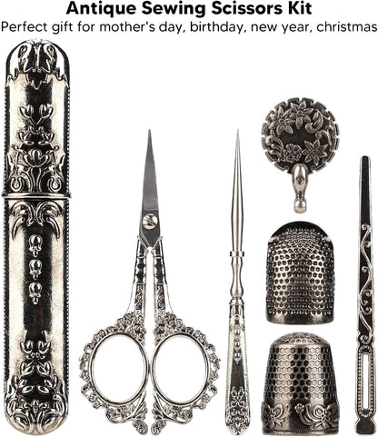Vintage Embroidery Scissors Set, Comfortable Handle, Stainless Steel, Antique Design, Complete Sewing Kit for Embroidery, Needlework, with Thimble, Threader, and Needle Case