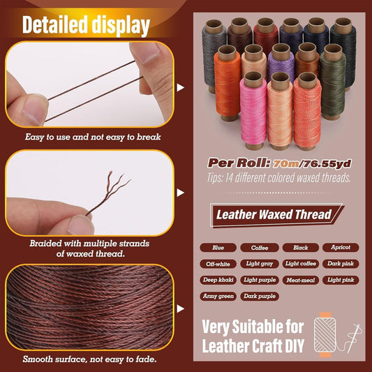 0.55 mm Round Waxed Thread, 14 Colors 76 Yards Spool Wax Coated String, Leather Sewing Waxed Thread for Sewing, Stitching, Beading, Braiding, Bracelet, Bookbinding