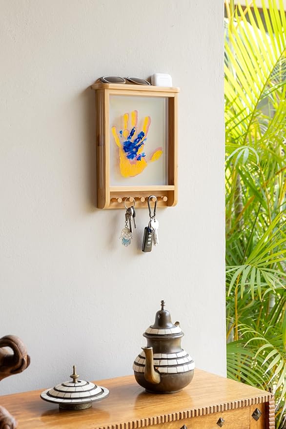 Family Handprint Kit & Key Holder – DIY Eco-Friendly Bamboo Keepsake Kit with Non-Toxic Paints, Personalized Baby Gifts for Family, New Parents & Grandparents, Unique Gift for Baby Showers