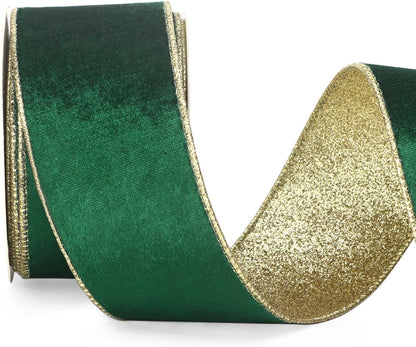 Ribbli Forest Green Velvet Wired Ribbon 2.5 Inch Green Velvet with Gold Glitter Christmas Ribbon for Christmas Tree Decoration Big Bow Gift Wrapping Crafts Wreaths Supplies- 10 Yards - Crafty Corner