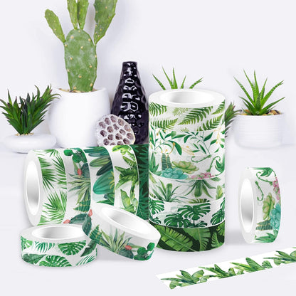 Greenery Washi Tape Set 12 Rolls, Tropical Leaves Masking Tape Hawaii Green Plants Cactus Summer Greenery Decorative Stickers for Note Scrapbook Handbook Sticker Gifts Wrapping DIY Art Crafts
