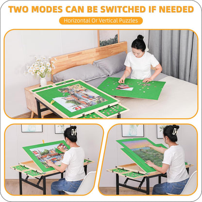 Puzzle Table and Board with 4 Drawers - Adjustable Tilting Angle, Wheels & No Assembly Folding Legs for 1500 Piece Jigsaw Puzzles - Wooden Cover Protection for Adults, Moms & Crafters