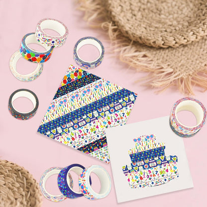 12 Rolls Happy Birthday Washi Tape, Colorful Cake Candles Masking Tapes, Balloons Birthday Hat Decorative Washi Tape for Birthday Party Gift Wrapping Scrapbooking DIY Art Crafts 16.4FT