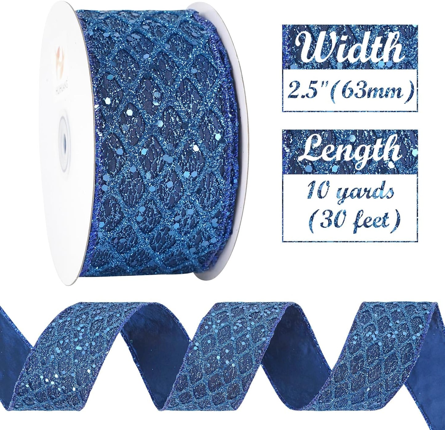 HUIHUANG Navy Blue Wired Ribbon 2.5 inch Glitter Diamond Mesh Wire Edge Ribbon for Christmas Tree, Wreaths, Garland, Gift Wrapping, Bows Making, Holiday Decor -10 Yards - Crafty Corner
