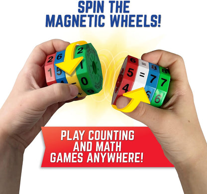 Geospace Original Math Spin Educational Travel Edition for Kids with Numbers & Arithmetic Operations- Handheld Magnetic Learning Game with 8 Magnetic Spin Wheels & Handmade Storage Pouch