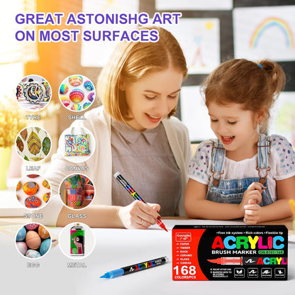 DICEKOO 168 Colors Acrylic Paint Markers, Soft Brush Tip Pens with Automatic Ink Control System, Waterproof, Quick-Drying, Lightfast, for Rock Painting, Canvas, Wood, Egg & DIY Crafts Art Supplies