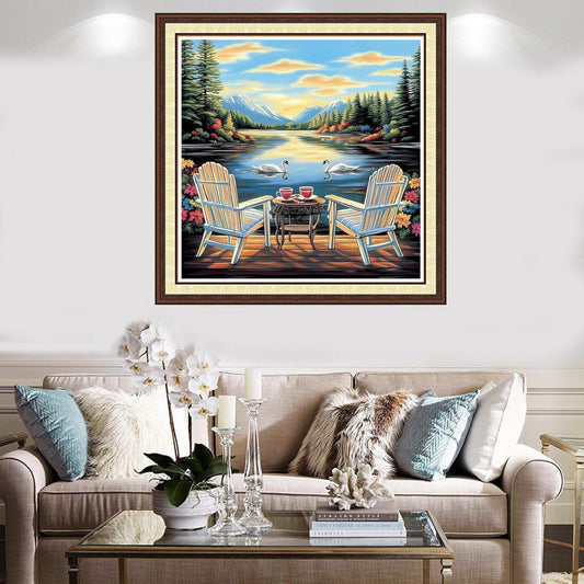 Findvoor Counted Cross Stitch Kits for Adults Full Range of Cross Stitching Embroidery Unprinted Pattern for Beginners, 11CT Needlepoint Kit Patterns Embroidery Kits-Watching Swans by Lake 18x18 inch