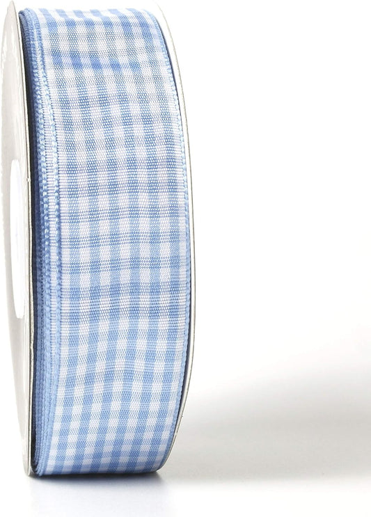 Light Blue Gingham Plaid Checked Ribbon 25 Yard Each Roll 100% Polyester (1", Light Blue) - Crafty Corner