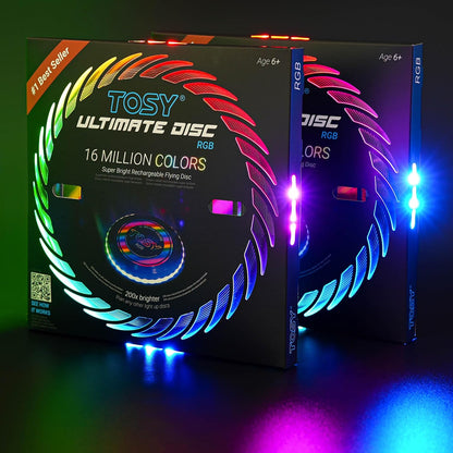 TOSY Flying Disc - 16 Million Colors RGB or 36 LEDs, Extremely Bright, Smart Modes, Camping Essentials for Teens/Kids/Adults/Men/Boys/Girls, Auto Light Up, Rechargeable, Waterproof, 175g