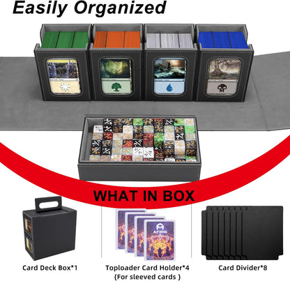 AFIING Commander Deck Box for MTG/EDH, Fits 400+ Double-Sleeved Cards, with Display Window, 4 Removable Deck Cases, Dividers, Dice Tray & Handle, Card Holders for TCG (Black Grey)