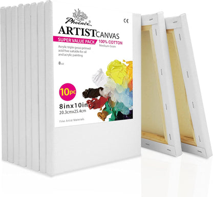 PHOENIX Stretched Canvas for Painting 8x10 Inch/10 Value Pack, 8 Oz Triple Primed 5/8 Inch Profile 100% Cotton White Blank Canvas, Artist Framed Canvas for Oil Acrylic & Pouring Art