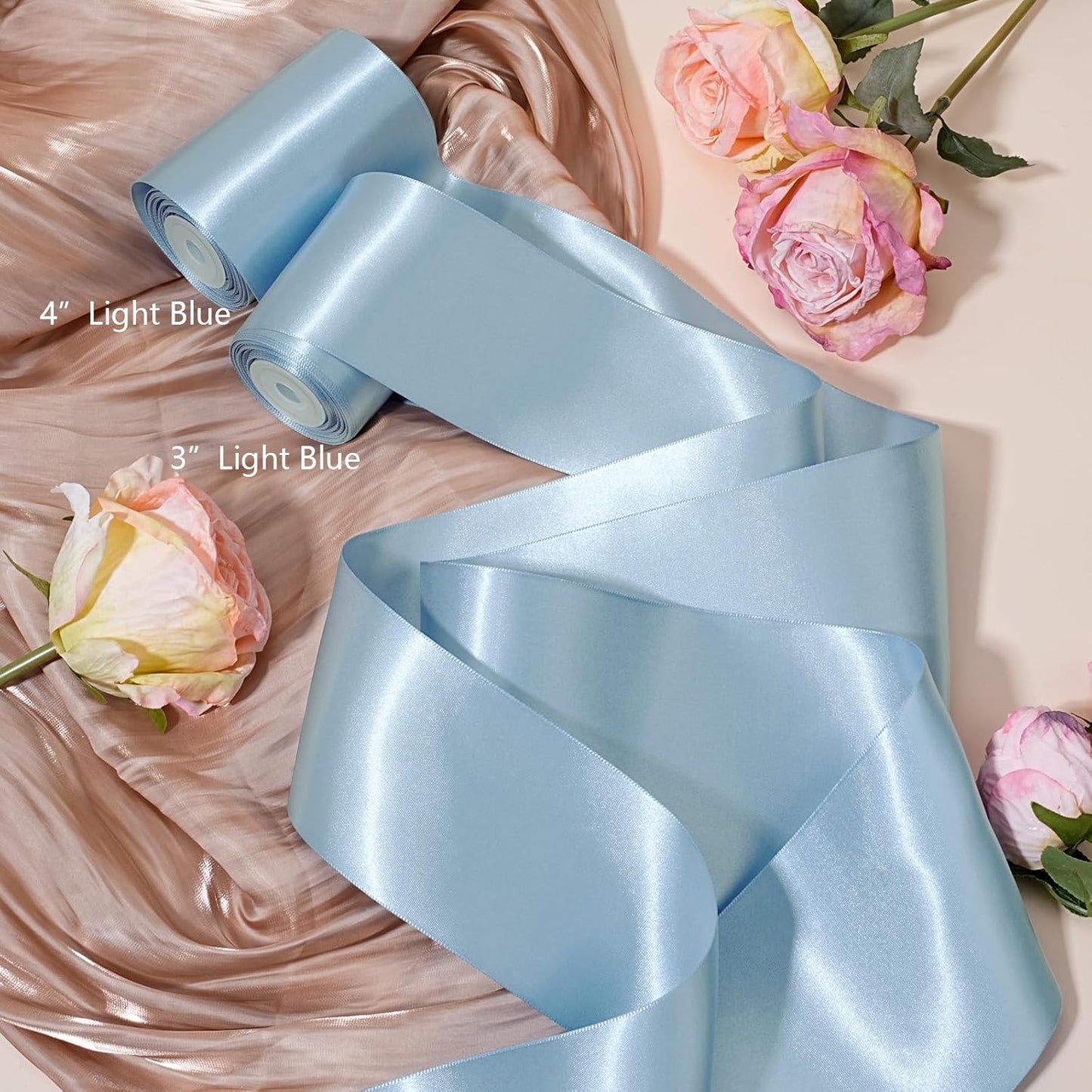 LaRibbons Light Blue Satin Ribbon 4 Inch 10 Yards Double Faced Luxury Baby Blue Silk Ribbon for Gift Wrapping Flower Bouquets Bow Christmas Wedding Party Decoration - Crafty Corner