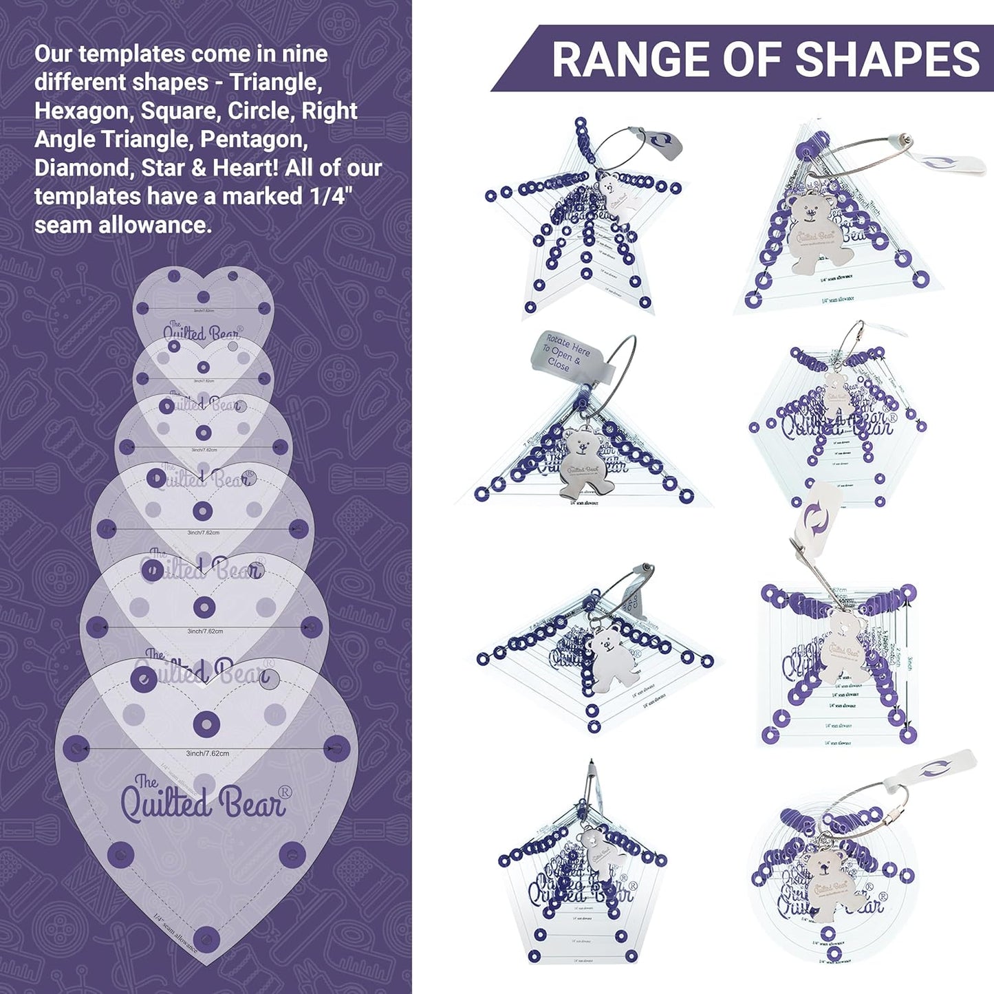 The Quilted Bear Right Angle Triangle Quilting Templates – 8 Clear Non-Slip Acrylic Quilt Templates for Precise Fabric Cutting & Stress-Free Machine Quilting - for Quilt & Sewing Supplies (¾–3")
