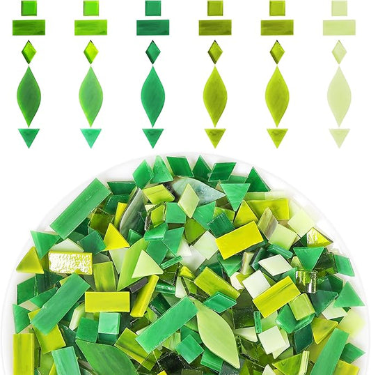 Glass Mosaic Tiles Pieces for Crafts: LATIIZ 320Pcs Green Color Mixed 5 Shapes Stained Bulk Art Supplies for Making Decor Project DIY Lamp Vase Coaster Stepping Stone for Adults Beginners Mosaicist