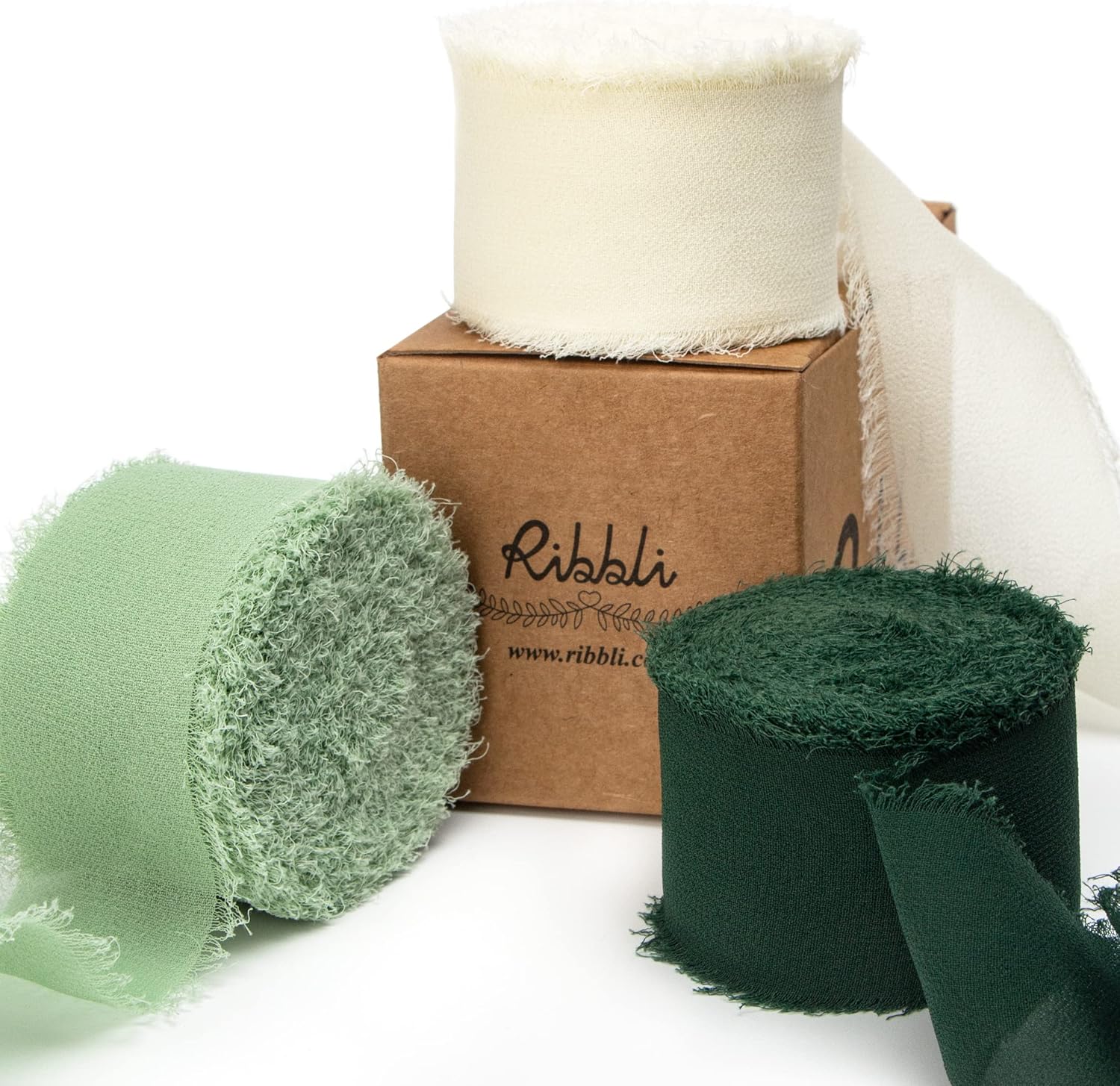 Ribbli Green Chiffon Ribbon1.5 inch x 30 Yard Handmade Silk Ribbon for Wrapping,Ivory Sage Forest Green Fringe Chiffon Ribbon for Wedding Invitations, Bridal Bouquets, Flower Arrangement Decoration - Crafty Corner