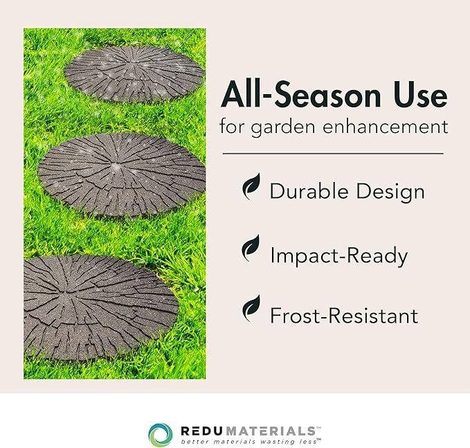 TierraVerde 4-Pack 18”x18” Fake Cracked Log Rubber Stepping Stones, Round, Brown – Reversible Non-Slip Outdoor Faux Decorative Set for Landscaping – DIY Decor for Walkways & Yard Pathways