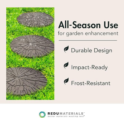TierraVerde 4-Pack 18”x18” Fake Cracked Log Rubber Stepping Stones, Round, Brown – Reversible Non-Slip Outdoor Faux Decorative Set for Landscaping – DIY Decor for Walkways & Yard Pathways