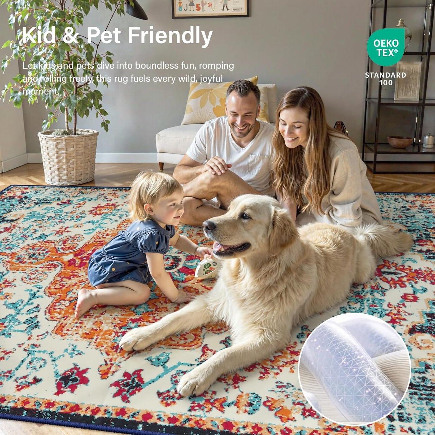 Lahome Washable Round Rugs 5'3"ft, Bohemian Orange Circle Rugs for Living Room, Entryway Round Area Rug, Floral Medallion Soft Non Slip Nursery Carpet for Bedroom Dining Coffee Table