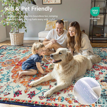 Lahome Bohemian Floral Medallion Area Rug - 5x7 Oriental Distressed Large Bedroom Rug, Soft Non-Slip Washable Dining Room Mat Indoor Throw Nursery Floor Carpet for Guest Room Entryway