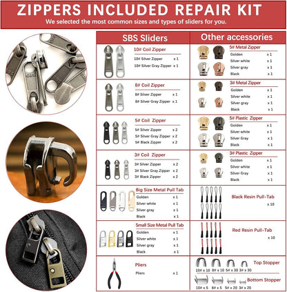 Zipper Repair Kit (188 Pcs) - Universal Fixer for Luggage, Backpacks, Jackets, Coats & Boots Includes #3#5#8#10 Sliders, Zipper Pull Replacement, Stops & Repair Tool（Non-YKK Compatible）