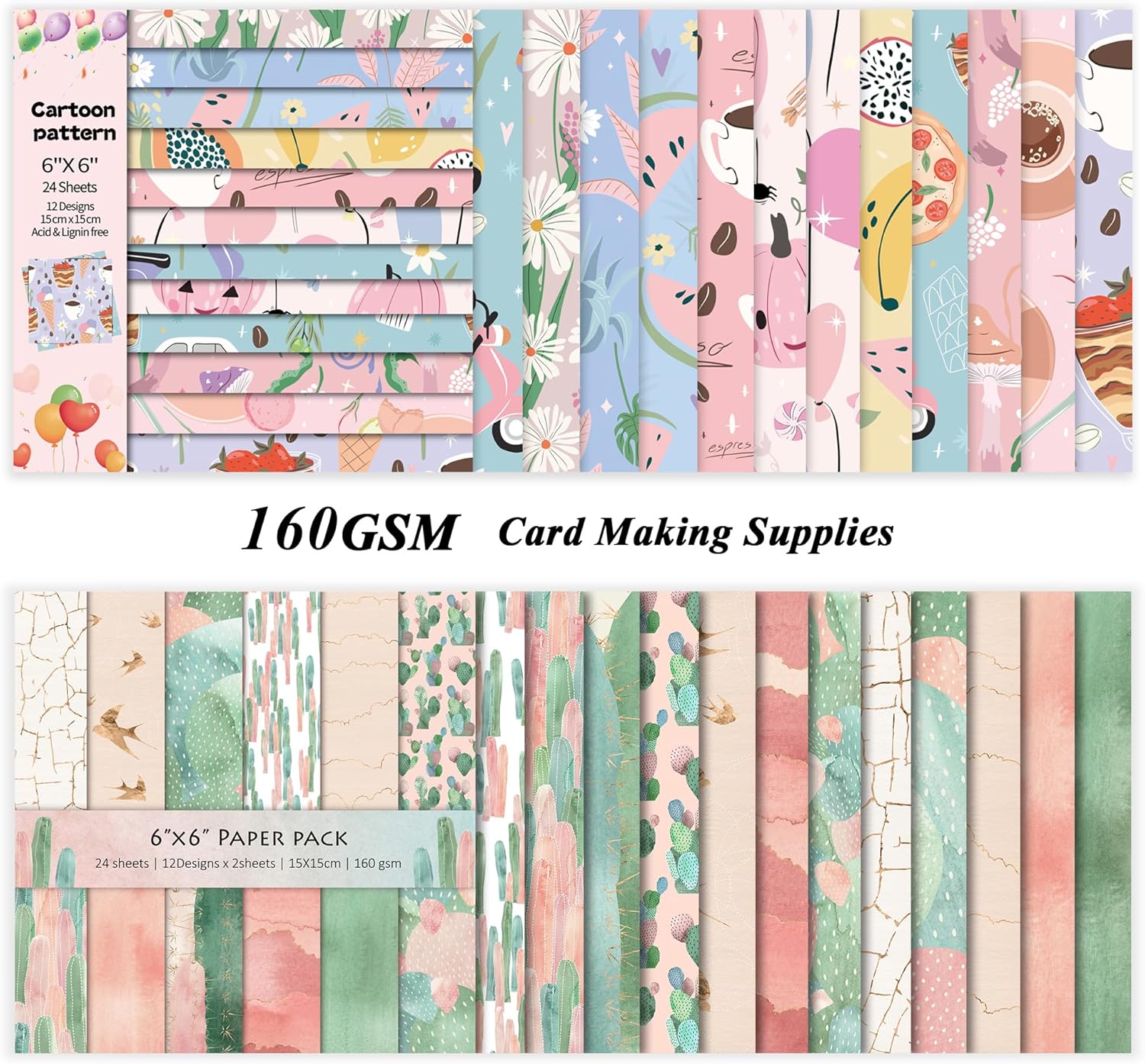 48 Sheets 24 Designs Scrapbook Paper Pad, 6"×6" Single-Sided Decopodge Craft Cardstock Paper,Scrapbooking DIY Decorative Background Cardmaking Supplies.Cactus&Cartoon - Crafty Corner