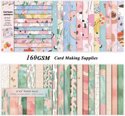 48 Sheets 24 Designs Scrapbook Paper Pad, 6"×6" Single-Sided Decopodge Craft Cardstock Paper,Scrapbooking DIY Decorative Background Cardmaking Supplies.Cactus&Cartoon - Crafty Corner