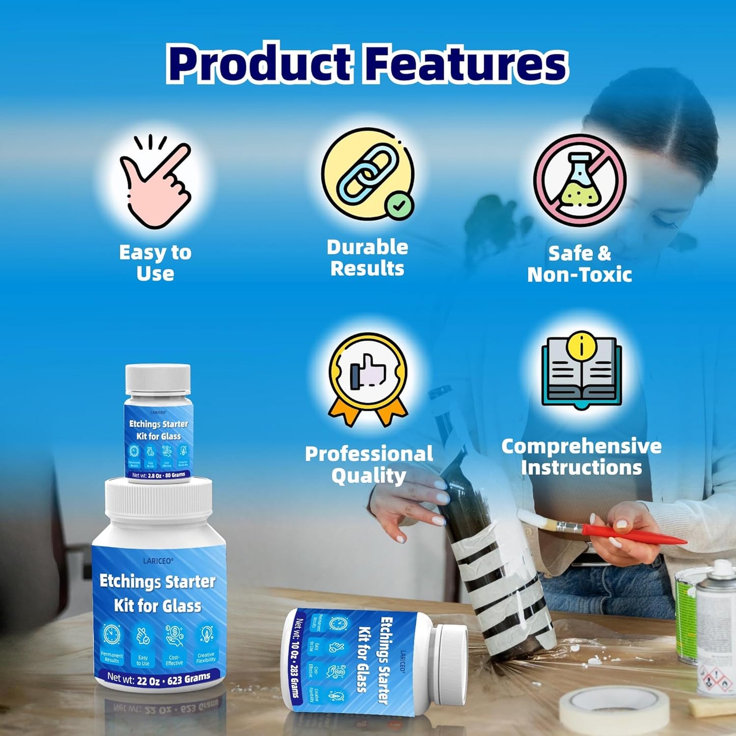 2.8 oz Glassware Etching Kit Creates Permanent Etched Patterns, Etch Starter Kit for Glass, Art Mirrors Frosted Tool for Mirrors, Windows, Glass Etching Starter Medium for Intricate Designs