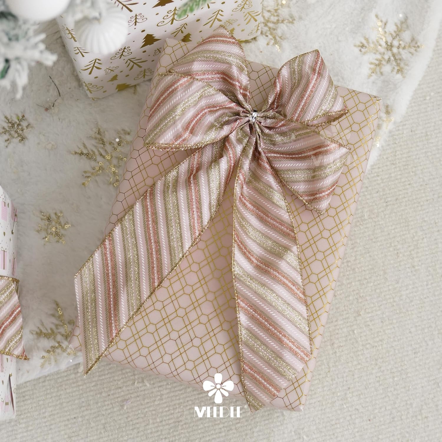 MEEDEE Pink Diagonal Striped Ribbon 2.5 Inch Blue Satin with Rose Gold and Champagne Glitter Wired Ribbon for Christmas Tree, Garlands, Wreaths, Topper Bow (10 Yards) - Crafty Corner