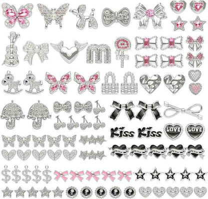 100 Pcs Bling Flat Back Junk Charm Kit for Junk Socks/Shoes/Phone Cases/Bracelets & DIY Accessories, Including Silver and Pink Bows/Hearts/Stars/Rhinestone Charms, Great Christmas Gift Idea for Girls