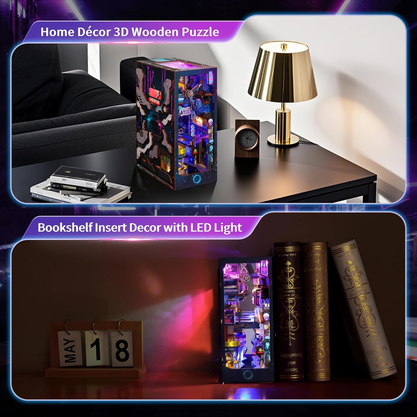 3D Wood Puzzle Book Nook Kit, Futuristic Miniature Bookshelf Insert with LED Lights, DIY Cyberpunk Bookend Décor for Display, Unique Craft for Adults and Teens (Endless Dimensions)