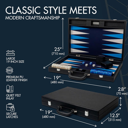 19 Inch Premium Backgammon Sets for Adults Leather Black - Blue. Premium 1.6 Inch Checkers & Dice Set, Travel Backgammon Set, Large, Backgammon Board Game, Backgammon Game Set