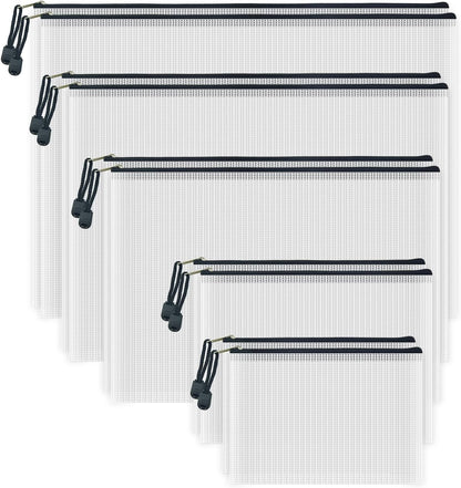 AUSTARK 10 Pcs Zipper File Bags, Waterproof Plastic Mesh Pouch for Office School, Board Game Storage Bags (Multi-Size, White and Black)